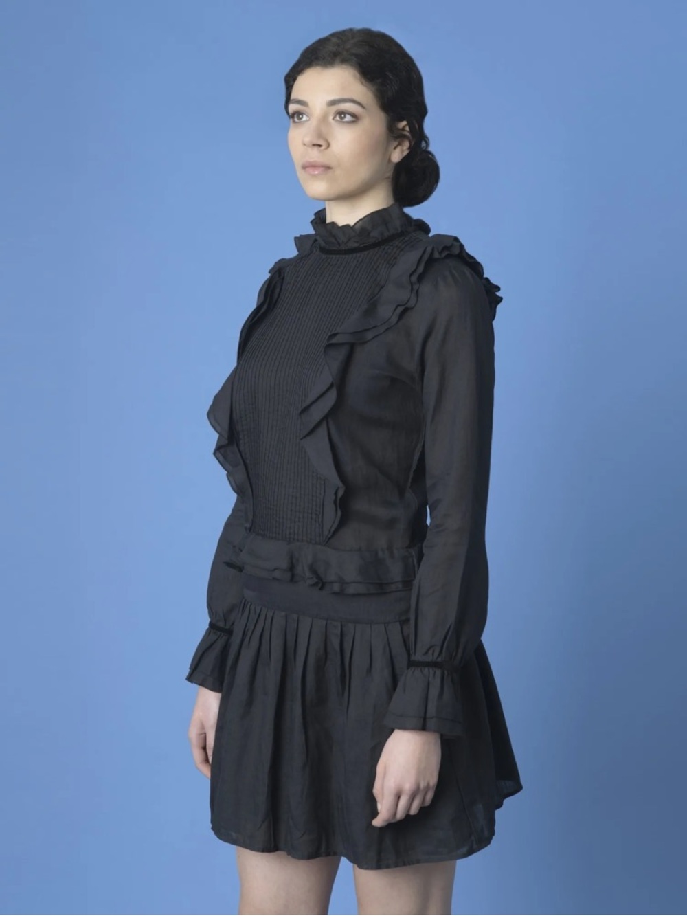 Les Coyotes de Paris Women's Black Mini Dress Size S/M ruffles long sleeve